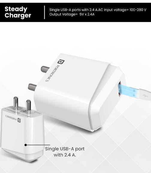 Power full Portronics Adapto 41 M 2.4A 12w Mobile Charger with Single USB Port