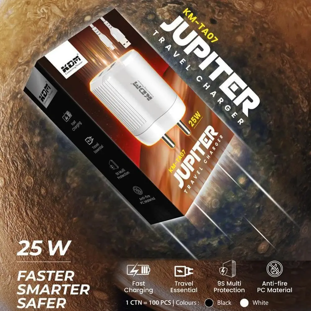 KDM KM-TA07 Jupiter 25W 3.4A Type C, USB Dual Port Travel Charger (Type C Cable Included)