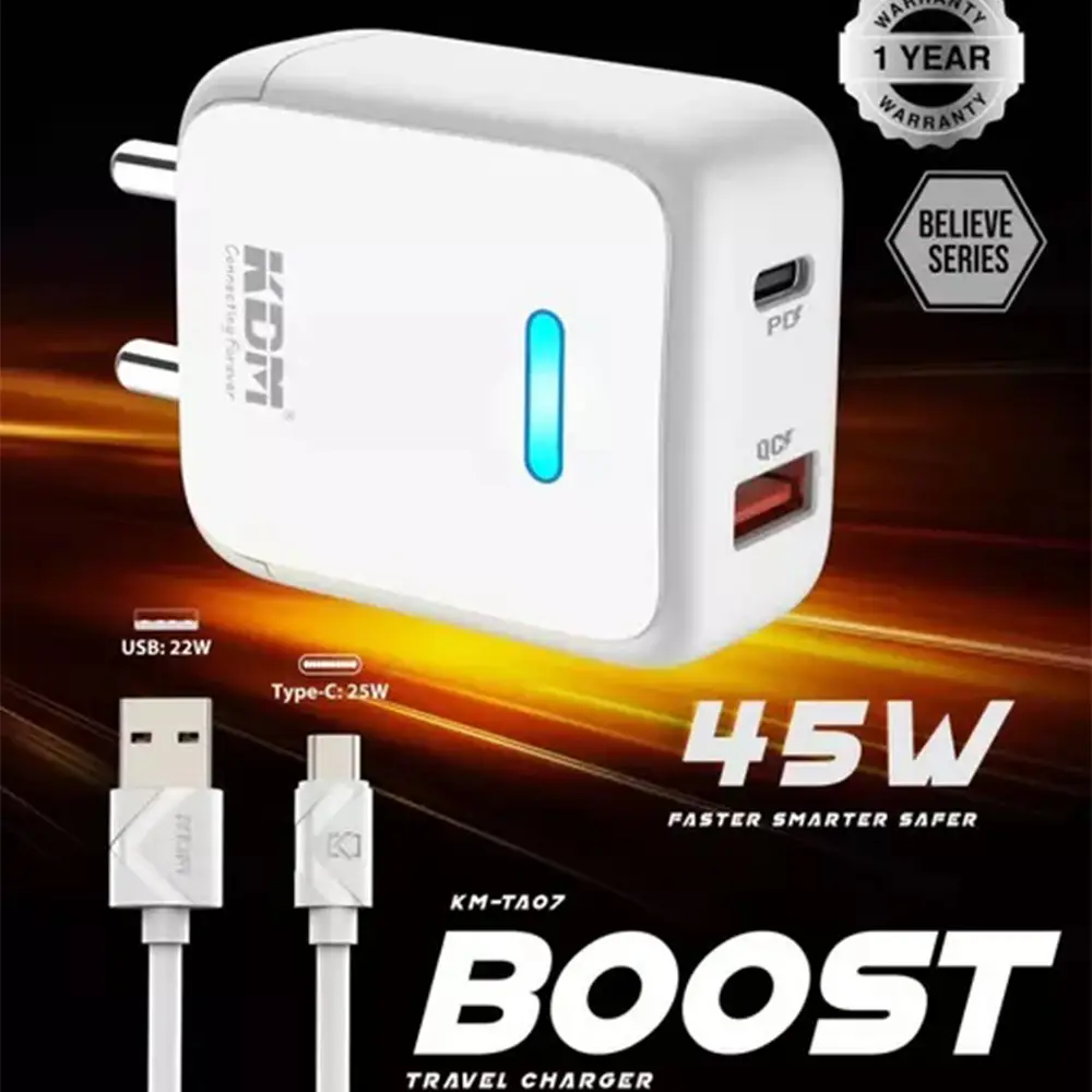 KDM KM TA 07 Boost, a cutting-edge 45W USB and PD Type C Travel Charger Adapter